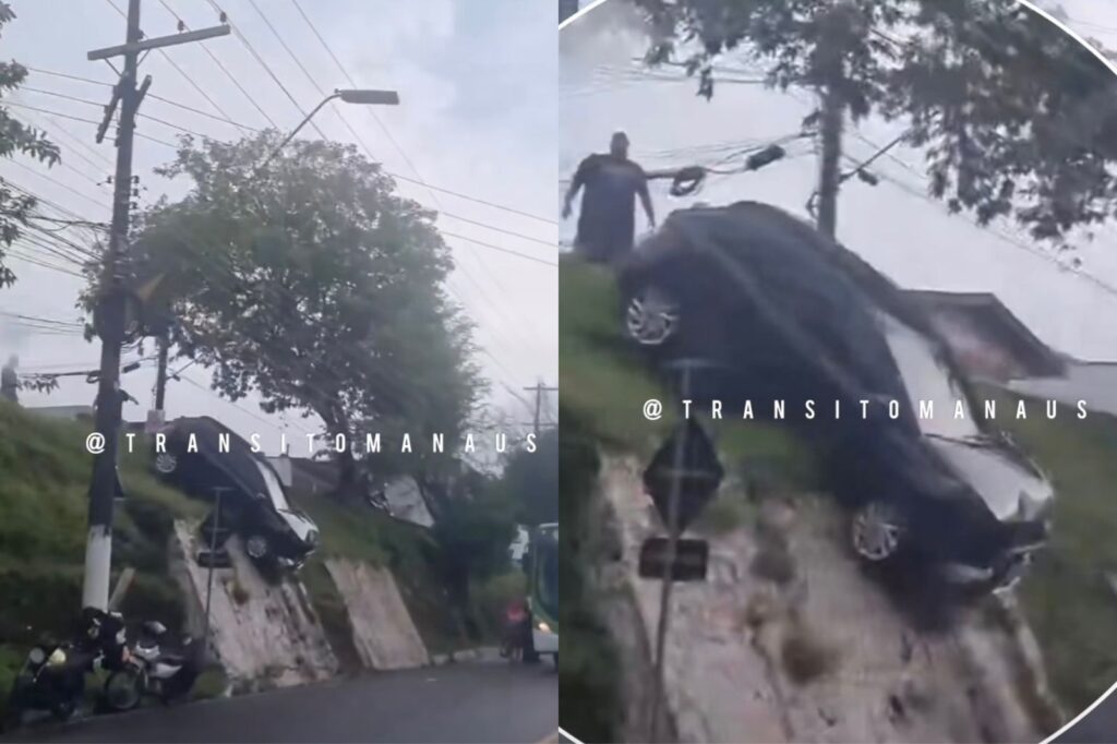 Carro fica pendurado em barranco após acidente no Dom Pedro, em Manaus